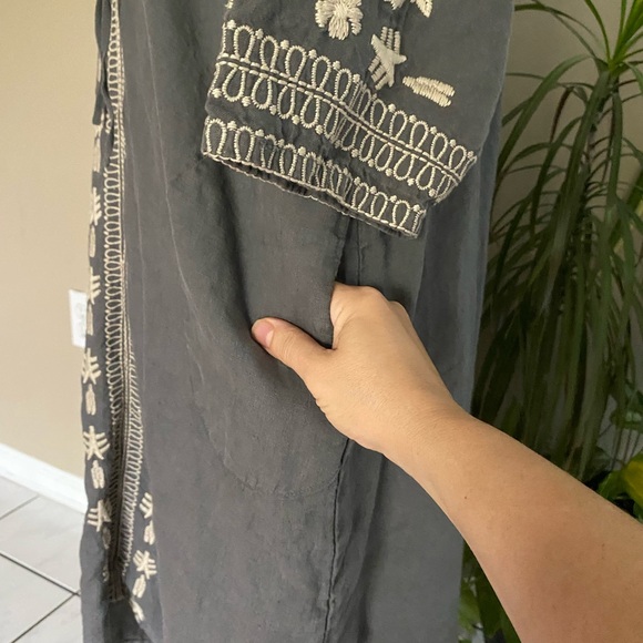 Johnny Was XL Dress Embroidered Linen Half Sleeve V-Neck Tie Pockets NO TAG - Picture 8 of 15